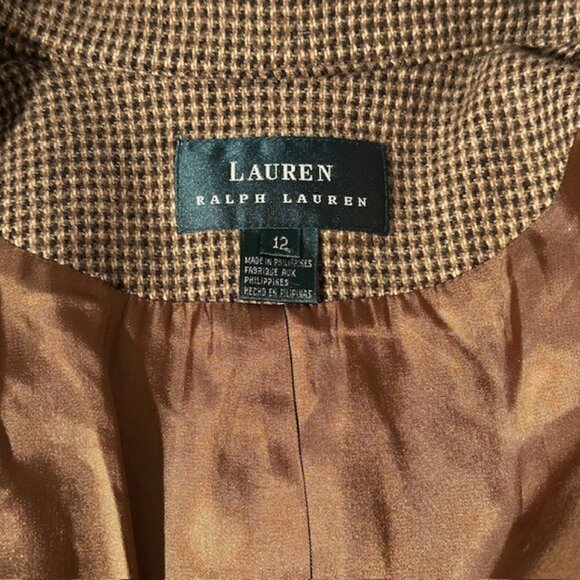 Ralph Lauren 100% Lambs Wool Zipper Jacket Size 12 Houndstooth Brown Black White - Picture 5 of 12